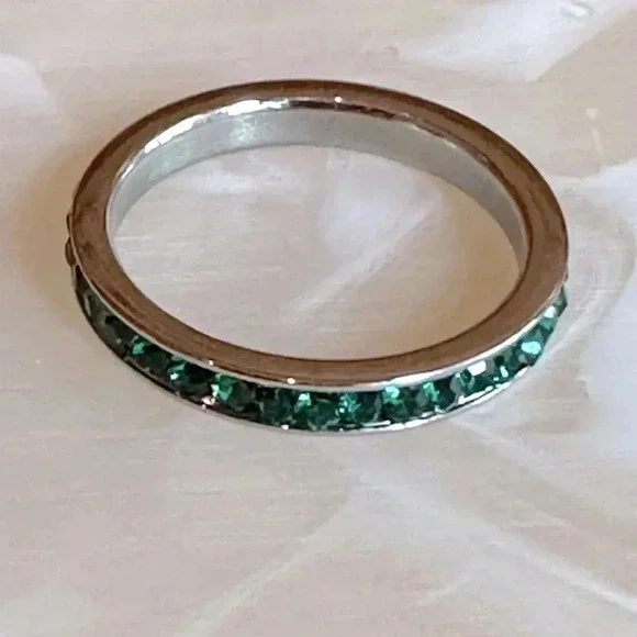 Green Emerald Colored CZ Stainless Steel Eternity Band Stack Ring May Birthstone - Picture 1 of 7